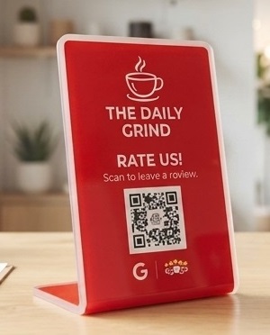 Red UV-printed acrylic ReviewStand branded for The Daily Grind, with a QR code to leave a Google review